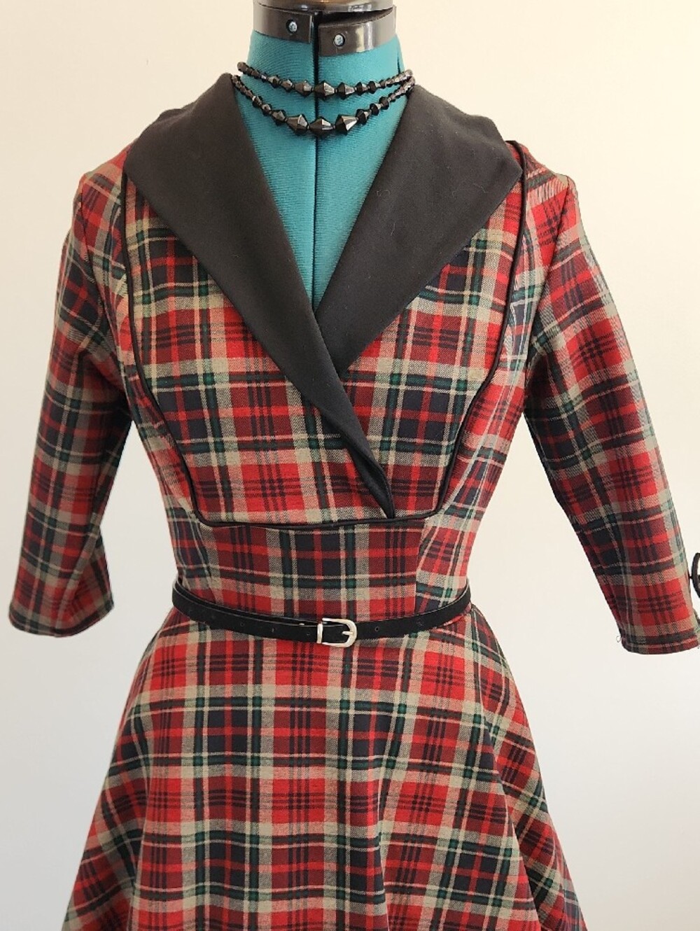 👠Unique Vintage Trudy 50'S Red And Black Plaid Swing Dress with Collar SZ M - Picture 3 of 14